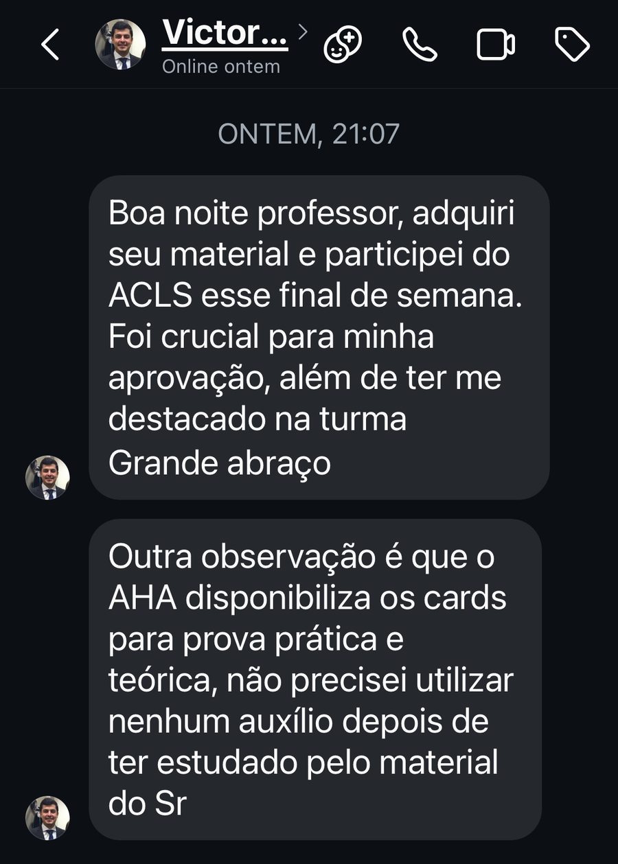 Mensagem de WhatsApp de aluno: o material foi crucial para a aprovação no ACLS e para se destacar na turma
