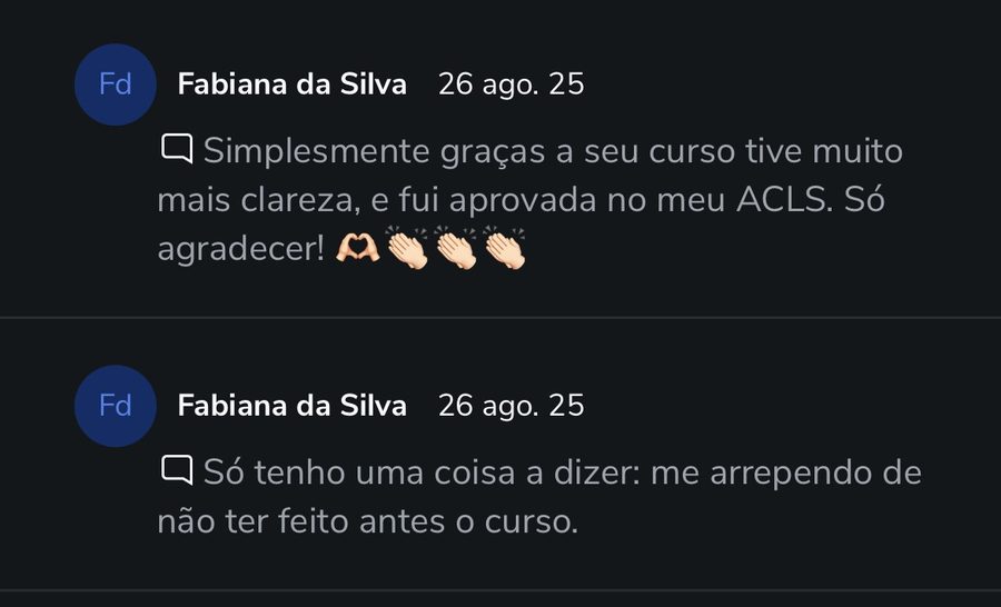 Comentários de Fabiana da Silva: aprovada no ACLS com mais clareza graças ao curso